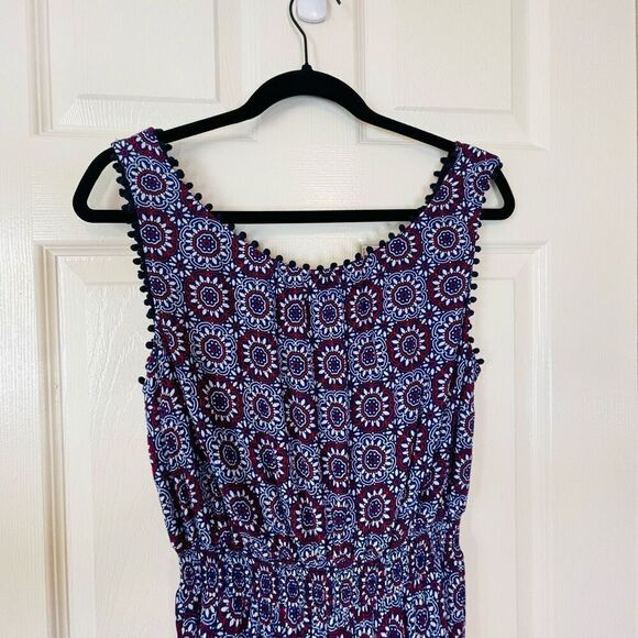 Boden Elisa Pompom Trim Jumpsuit Bold Blue Sun Tile Medallion Print Size 8 - Picture 4 of 15